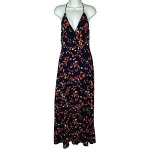 LUSH Floral Maxi Sundress Black Small Strappy V-Neck Wrap Look Side Slit Long